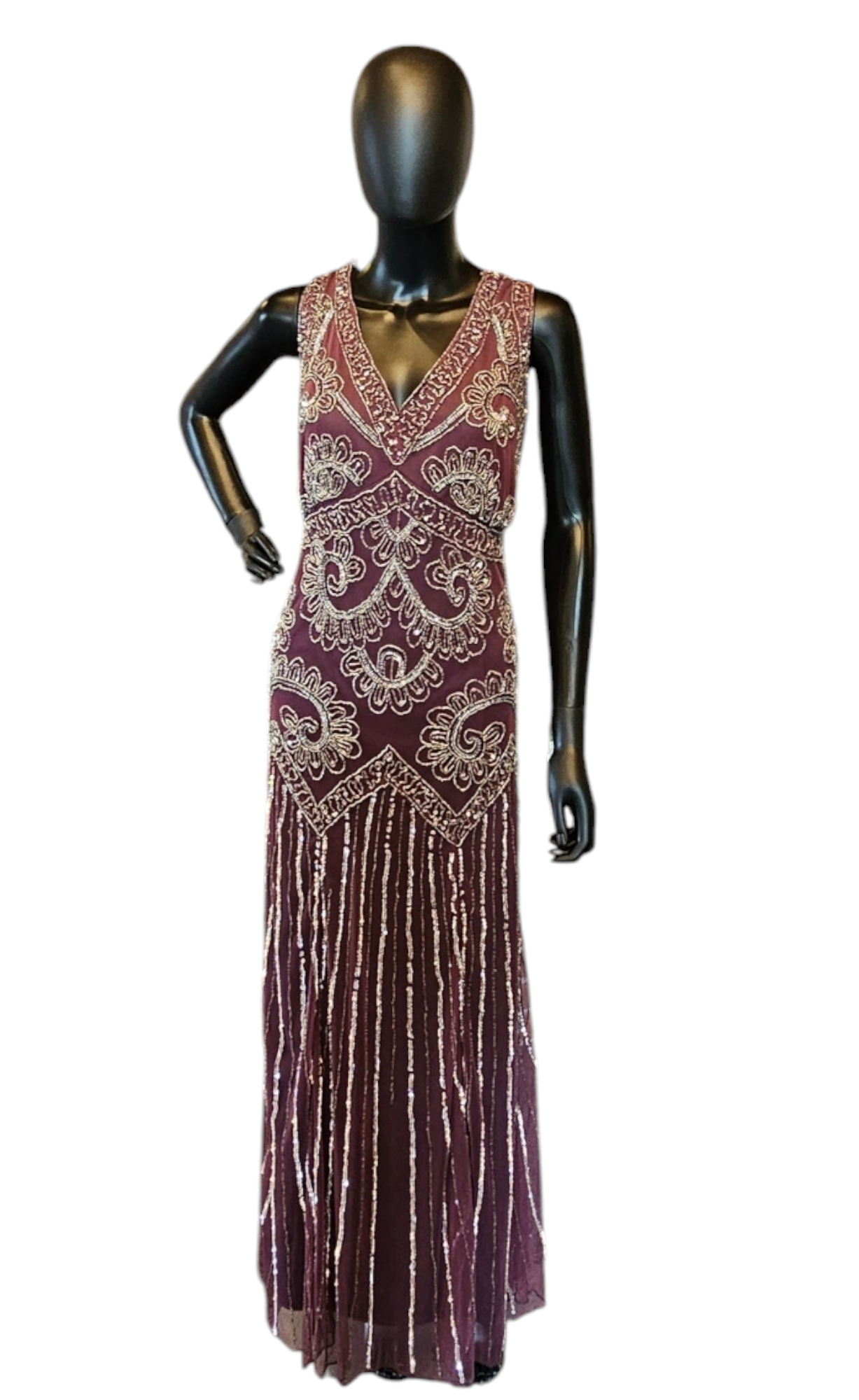 Eggplant Drop Waist Beaded Formal Gown