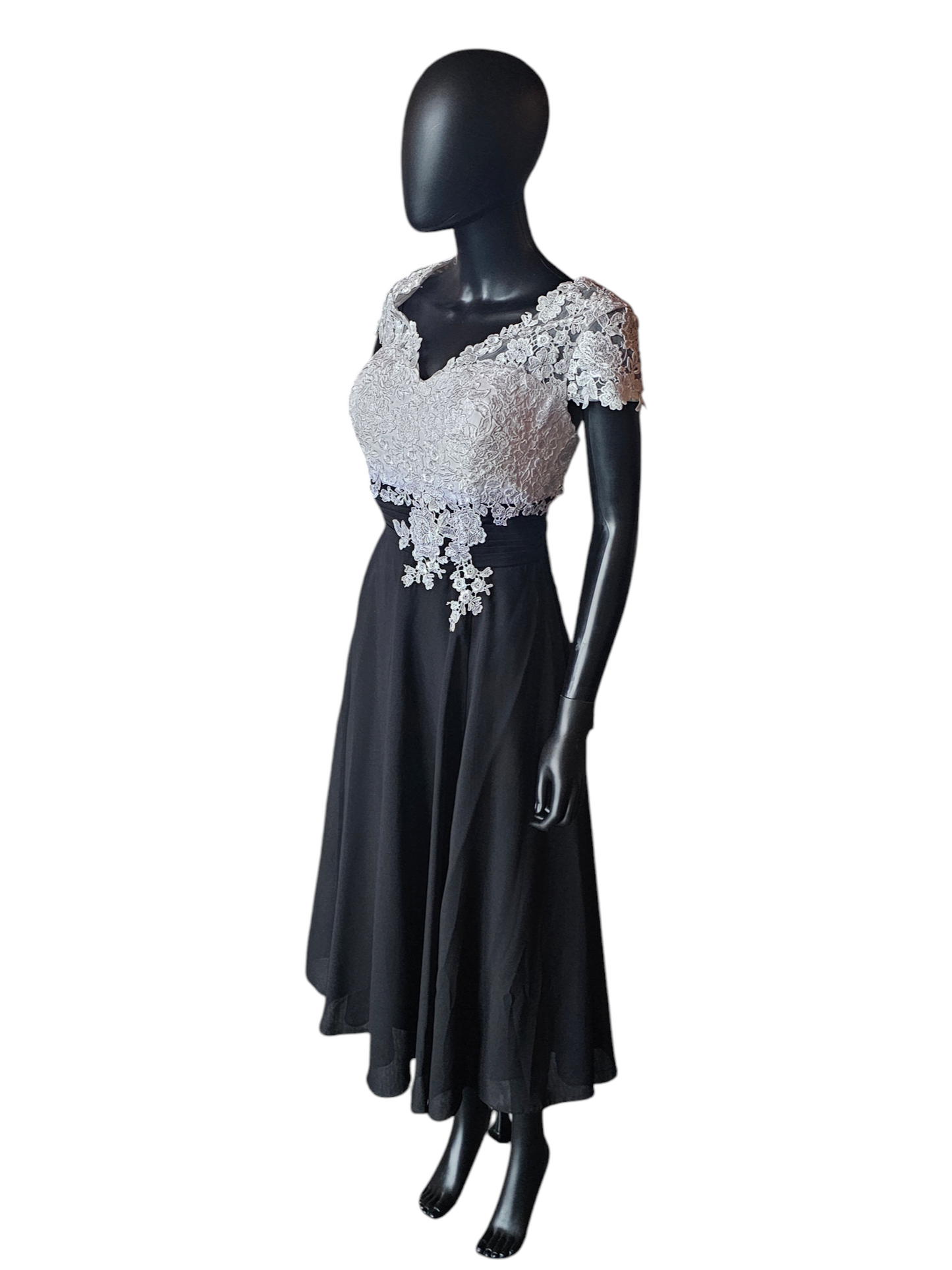 White/Black Lace Top Tea Length Formal Gown