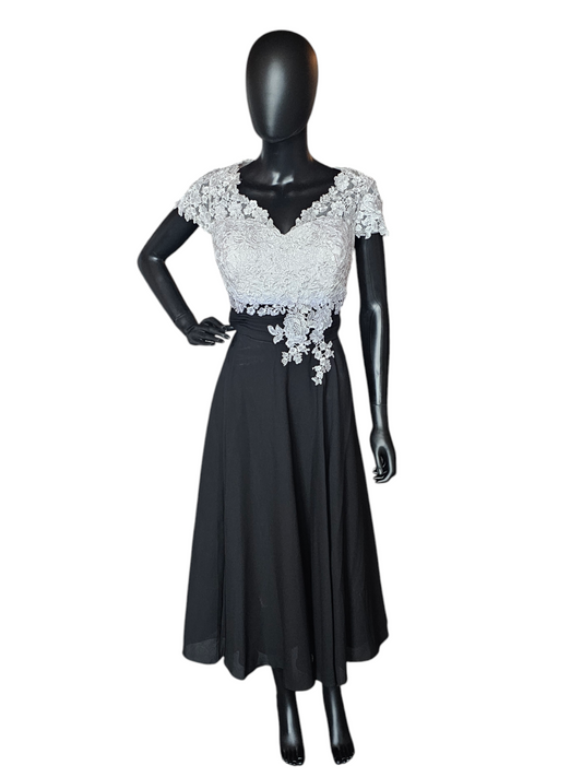 White/Black Lace Top Tea Length Formal Gown