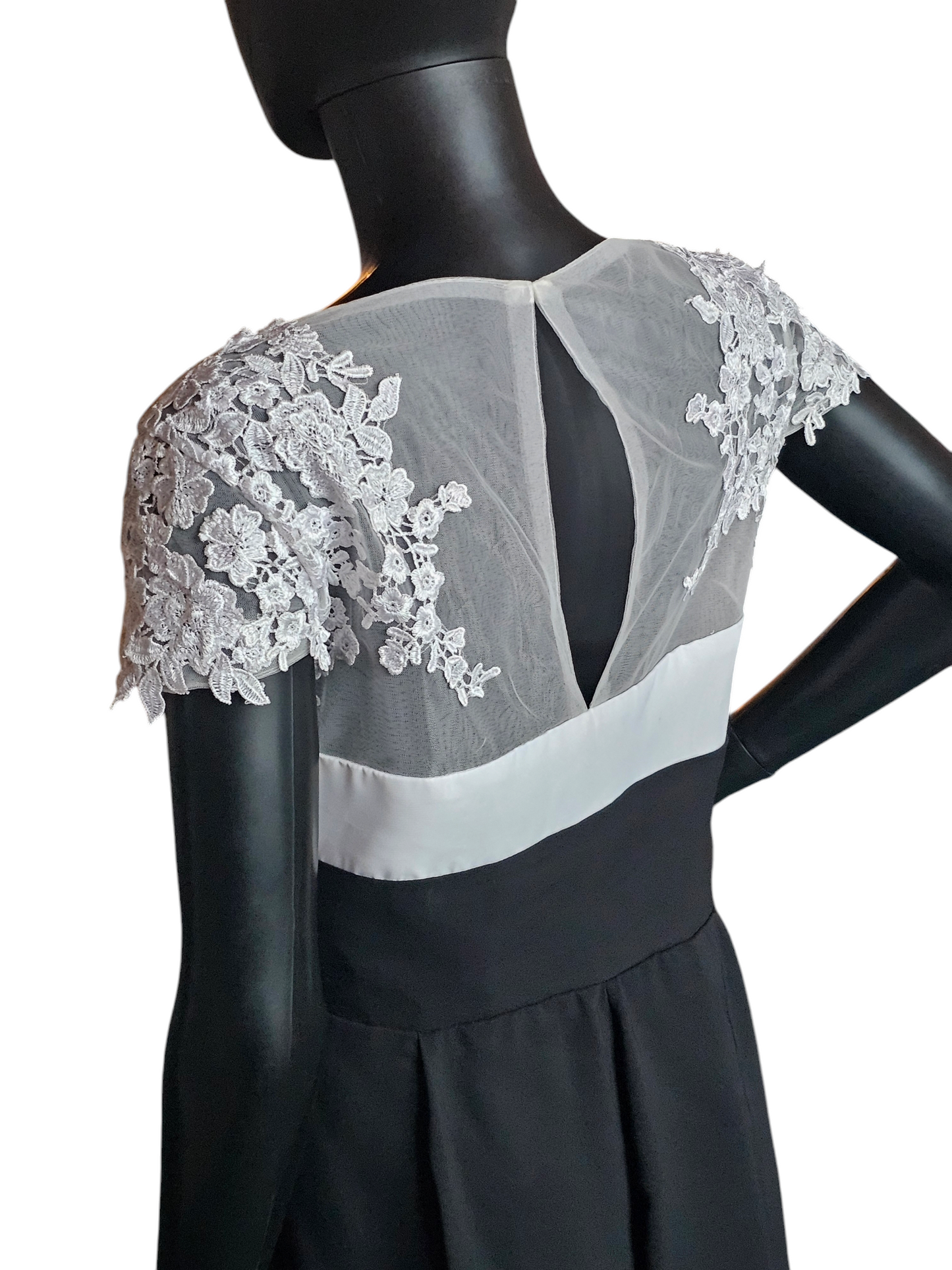 White/Black Lace Top Tea Length Formal Gown