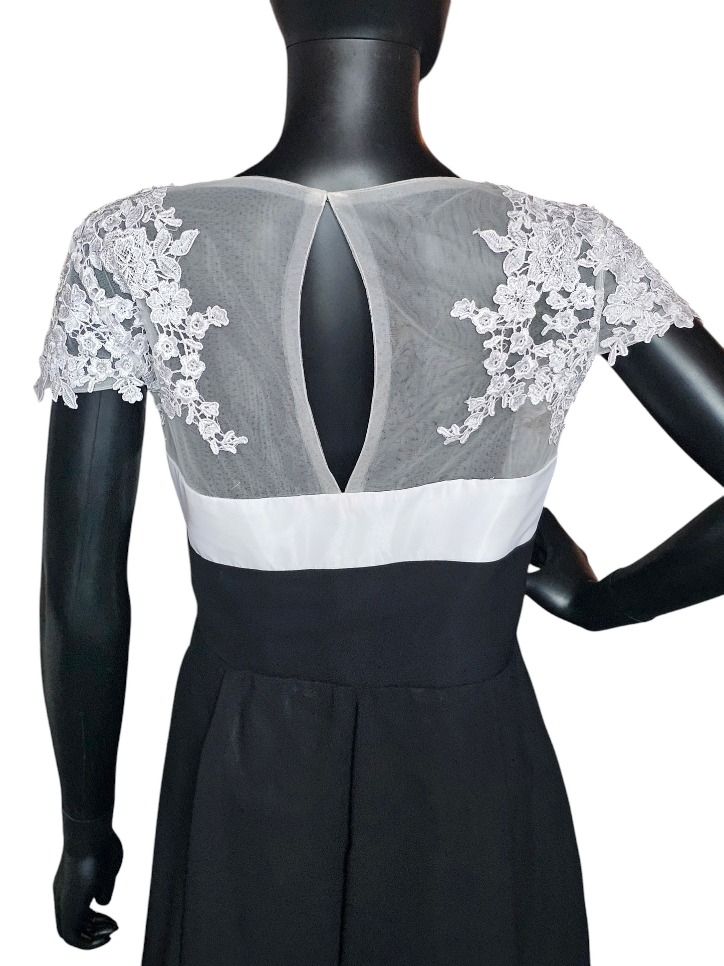 White/Black Lace Top Tea Length Formal Gown