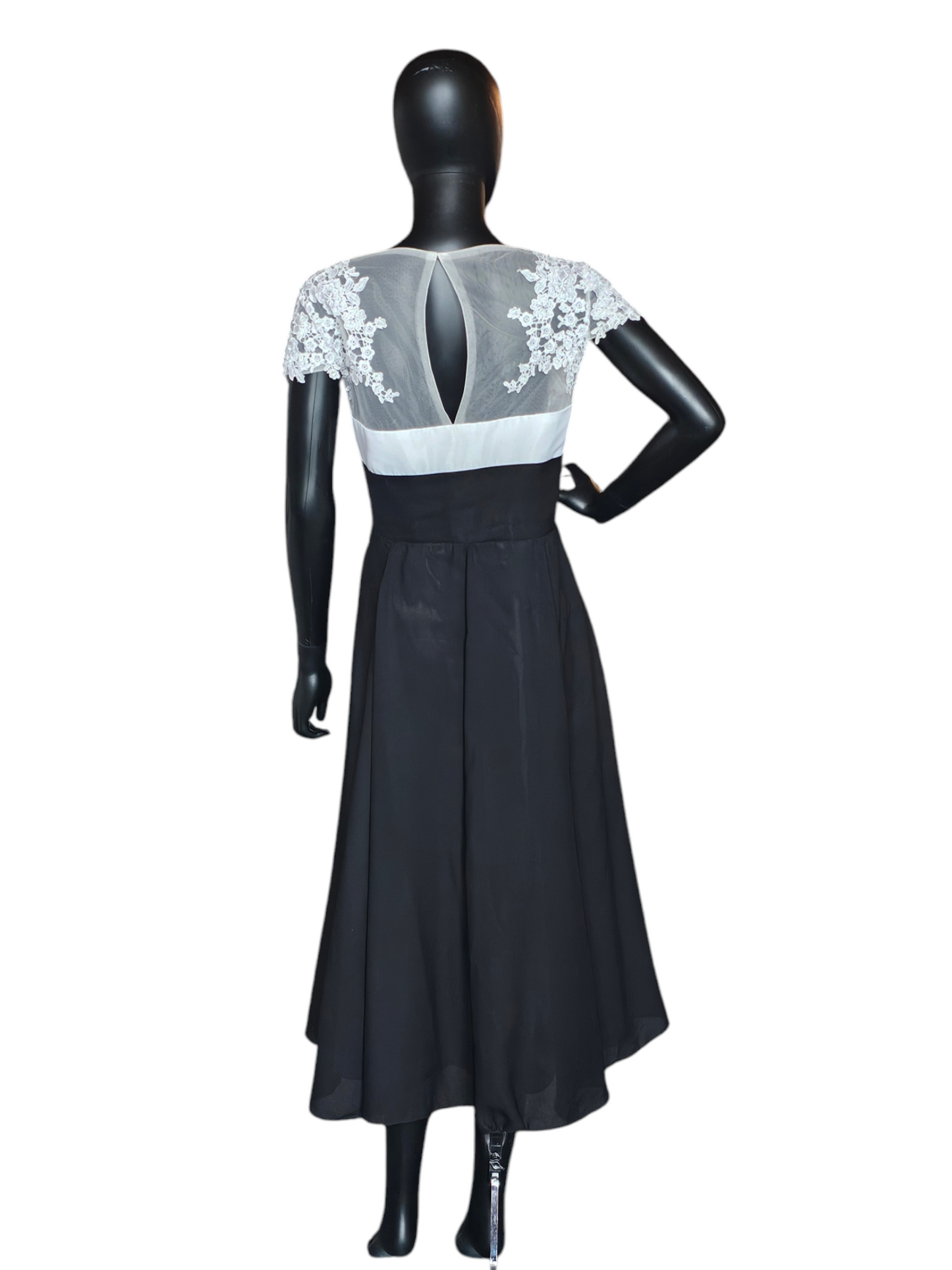 White/Black Lace Top Tea Length Formal Gown