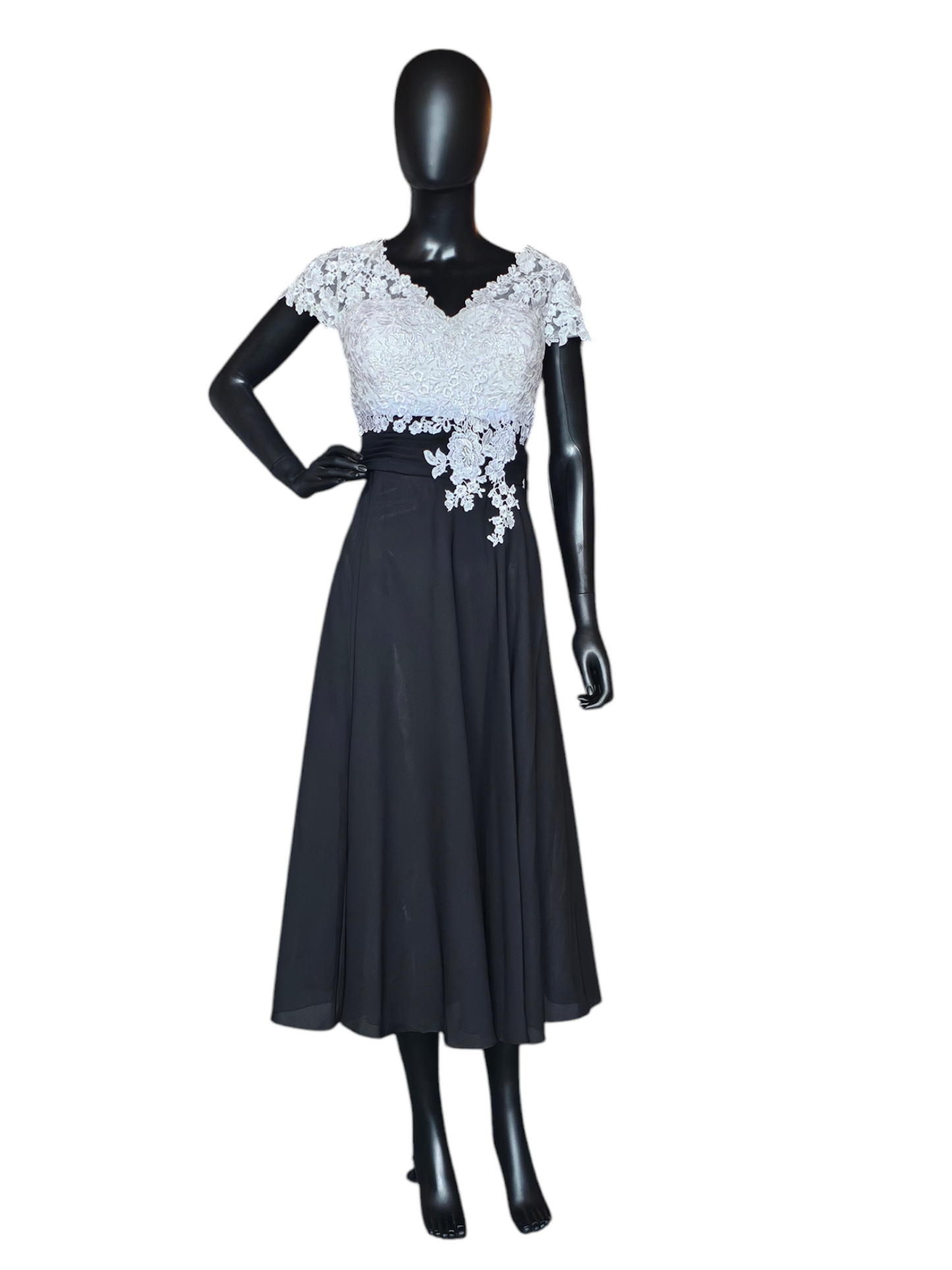 White/Black Lace Top Tea Length Formal Gown