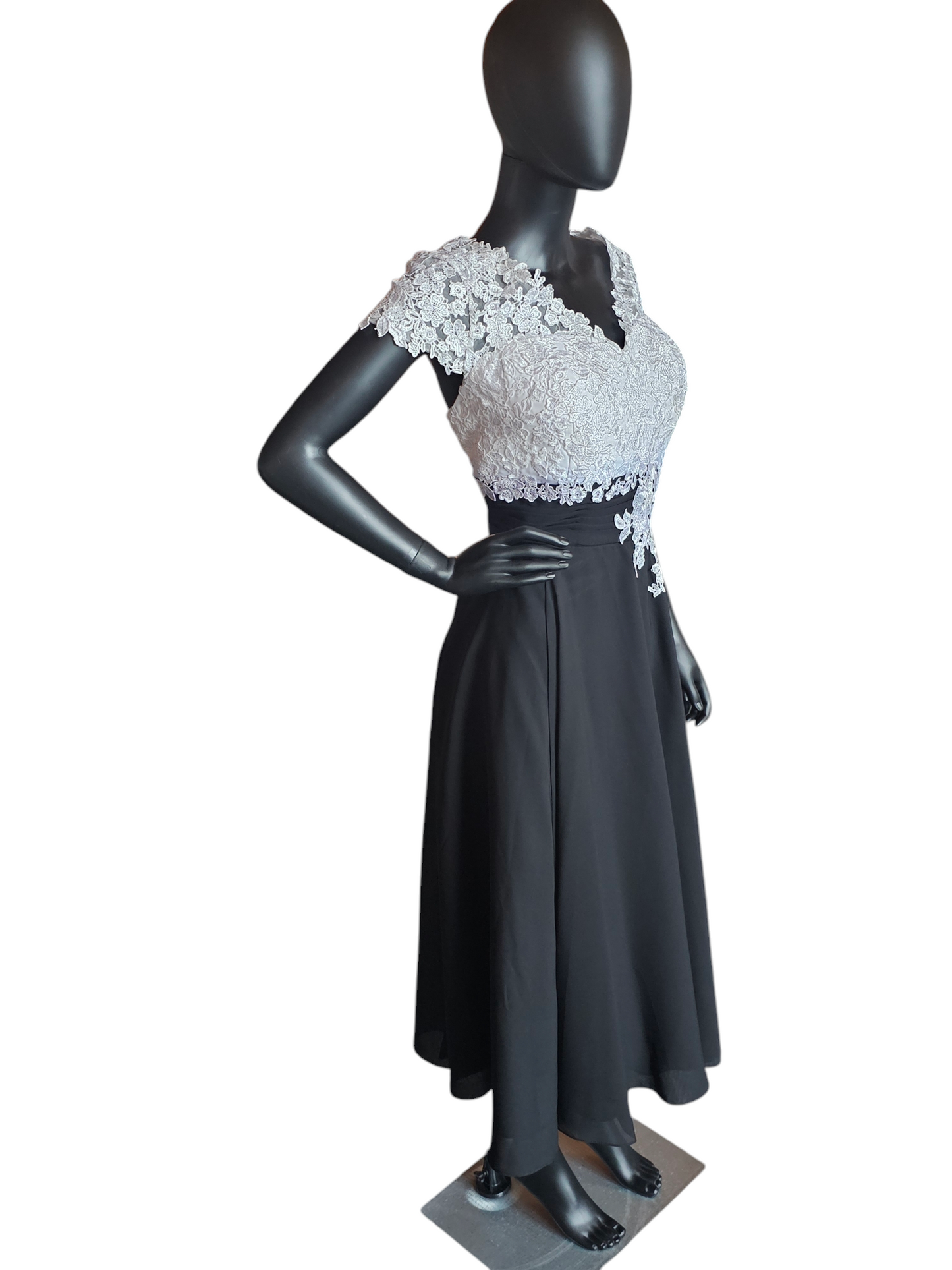 White/Black Lace Top Tea Length Formal Gown