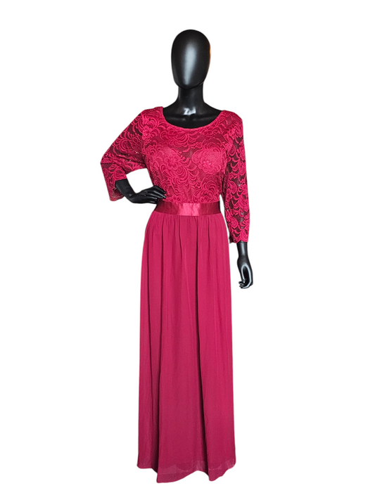 Red Illusion Lace Top Chiffon Maxi Dress - Ever Pretty