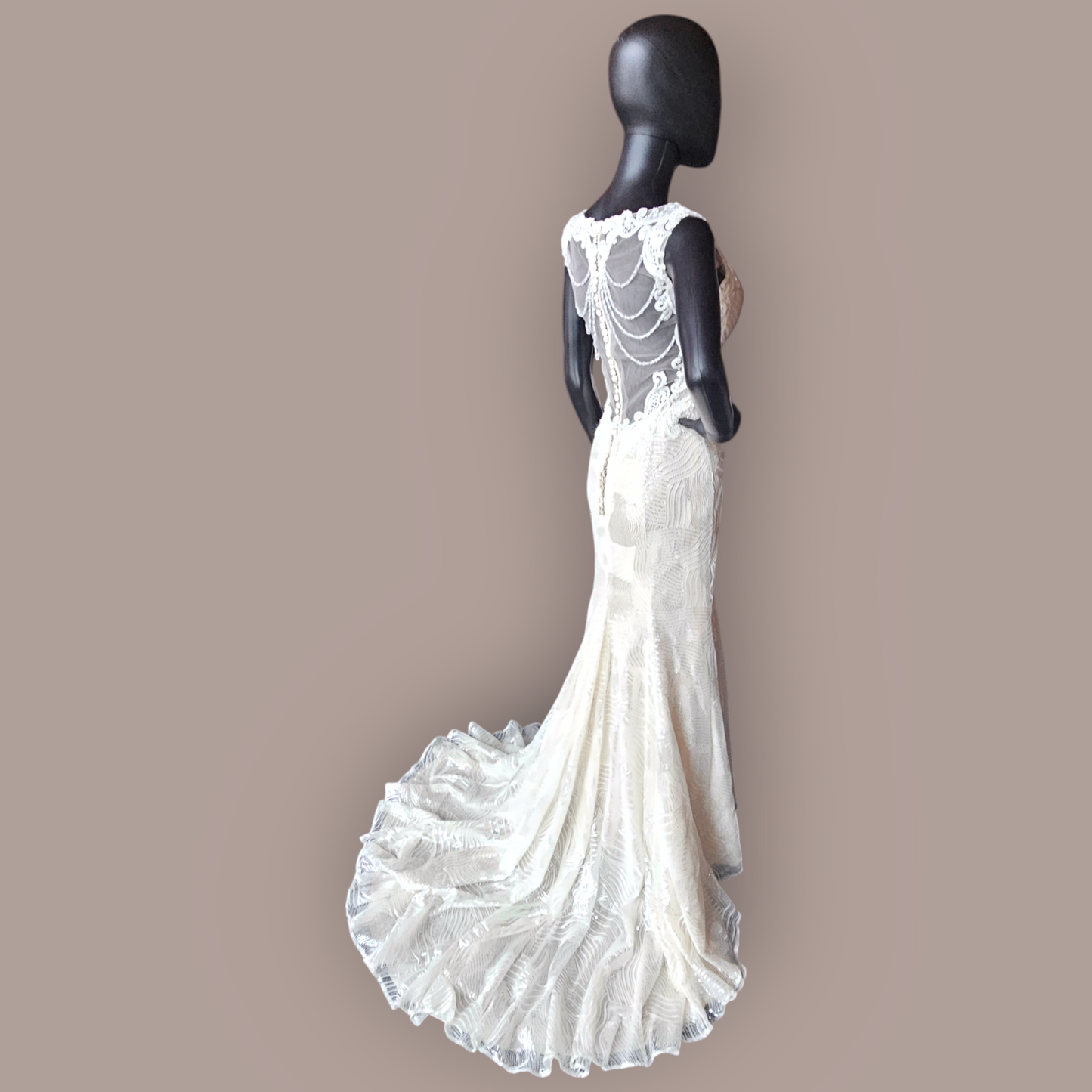 Private Label Kenneth Winston Beaded/Sequin Illusion Back Ivory/Champagne Wedding Gown