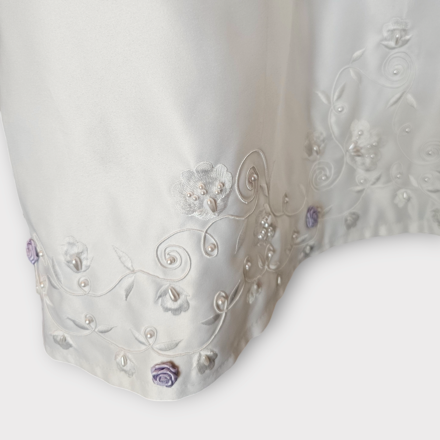 White Satin/Lavender Rose Detail Antebellum Wedding Gown