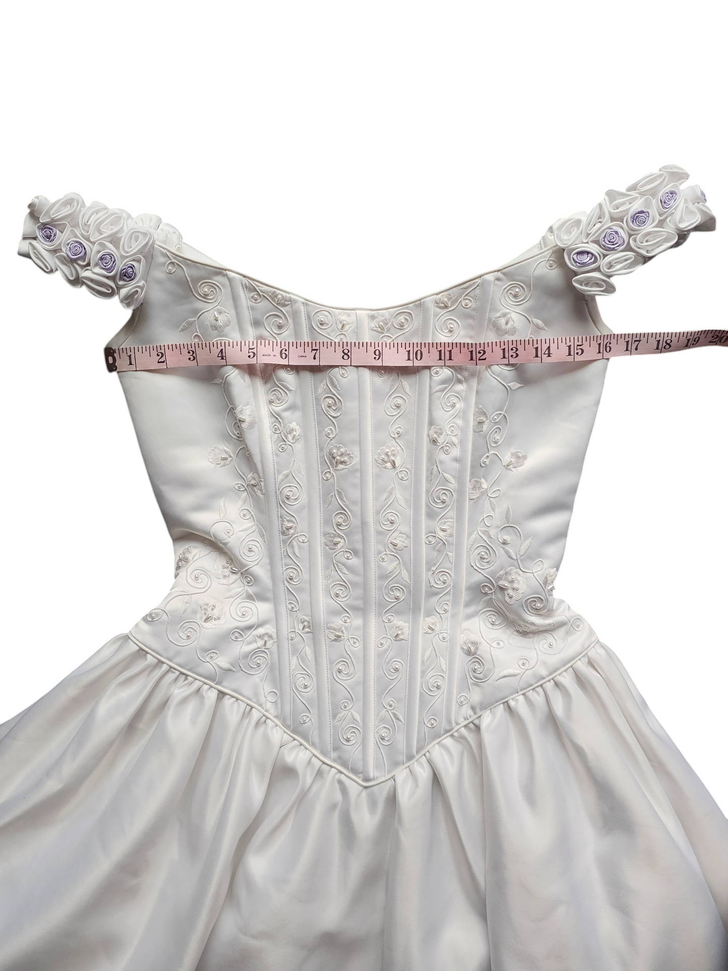 White Satin/Lavender Rose Detail Antebellum Wedding Gown