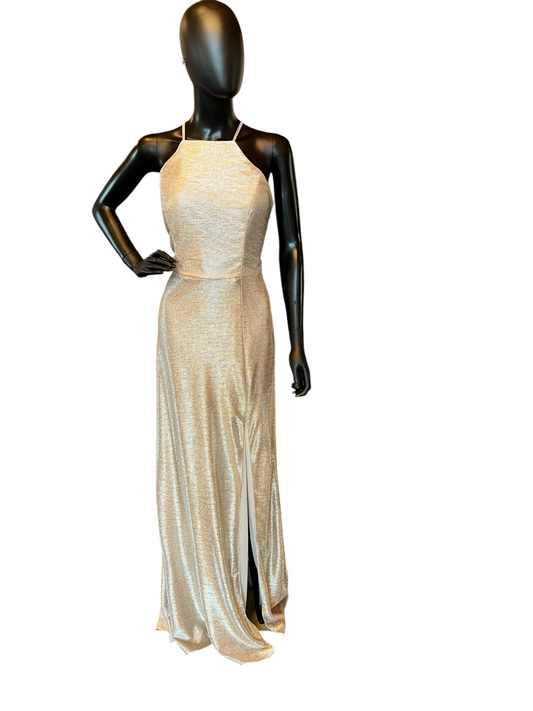 Hayley Paige Liquid Metallic Gold Maxi Formal Dress - NWOT