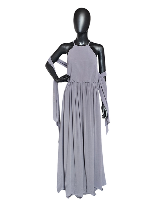 Grey Chiffon Gathered Waist Halter Formal Gown - Donna Morgan