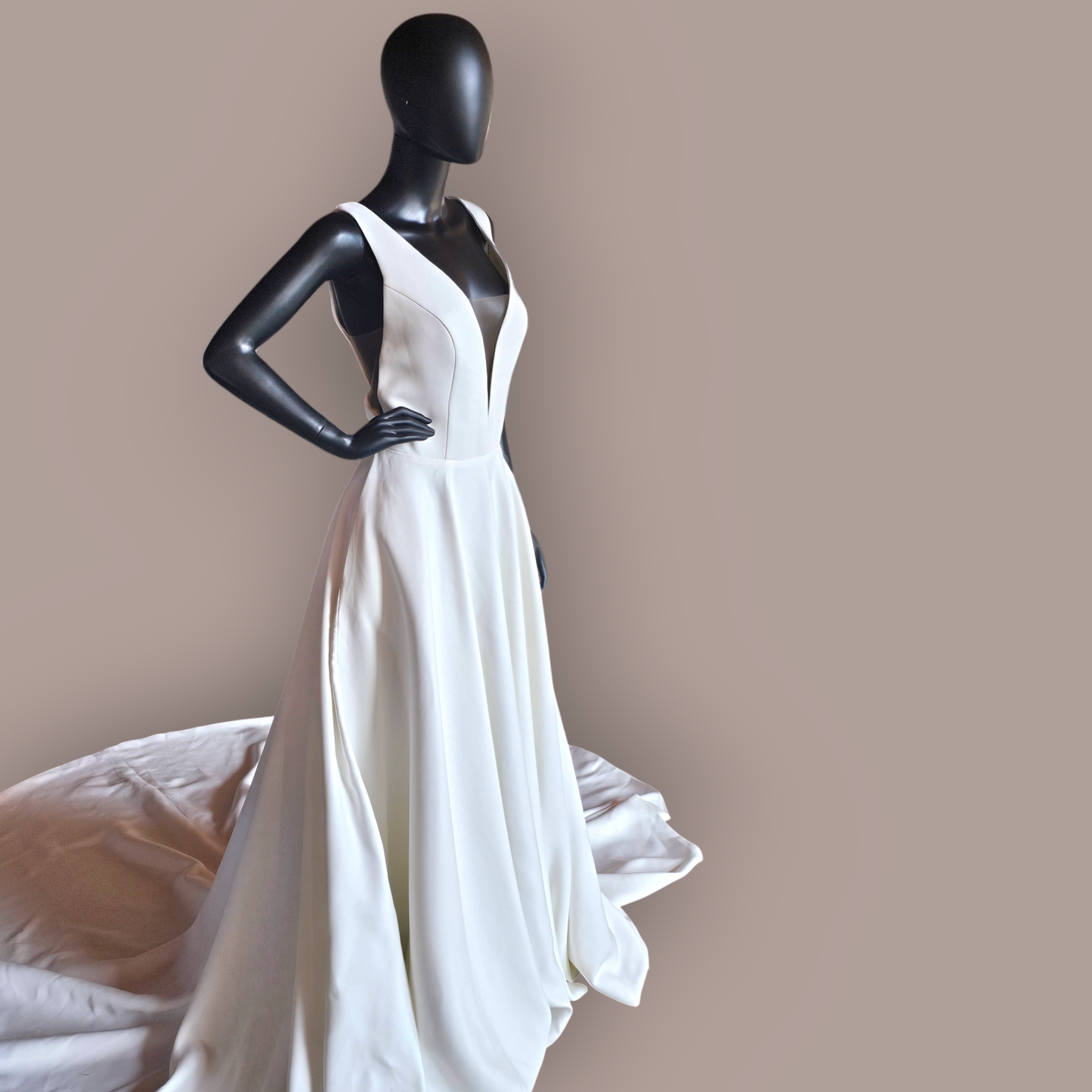 Ivory Plunge Illusion Sleek Satin Wedding Gown - Colby John - NWOT