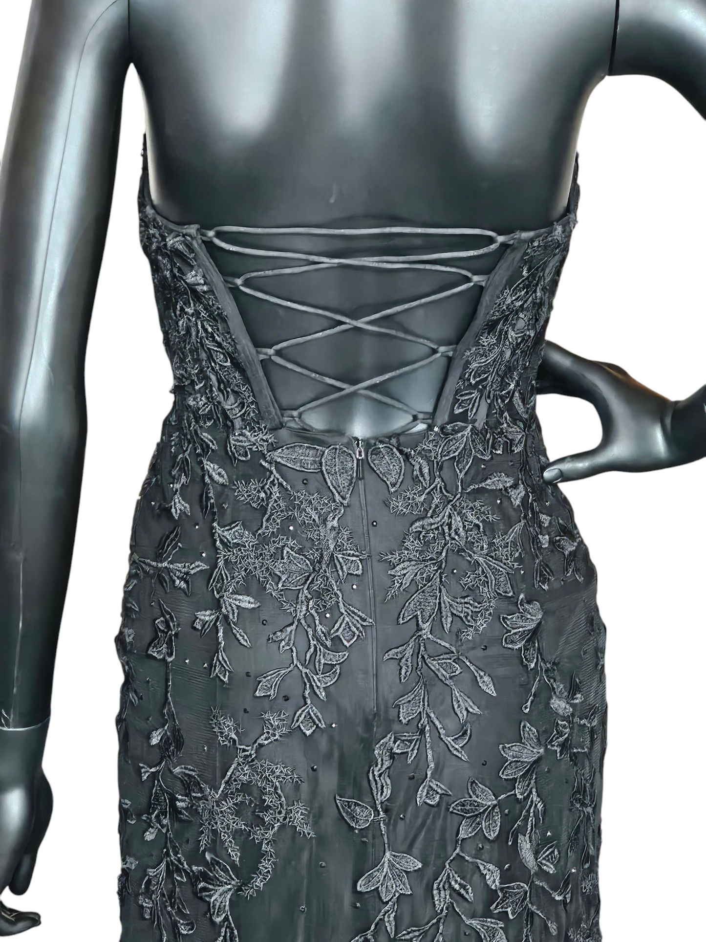 Black Lace Strapless Illusion Corset Open Back Formal Gown