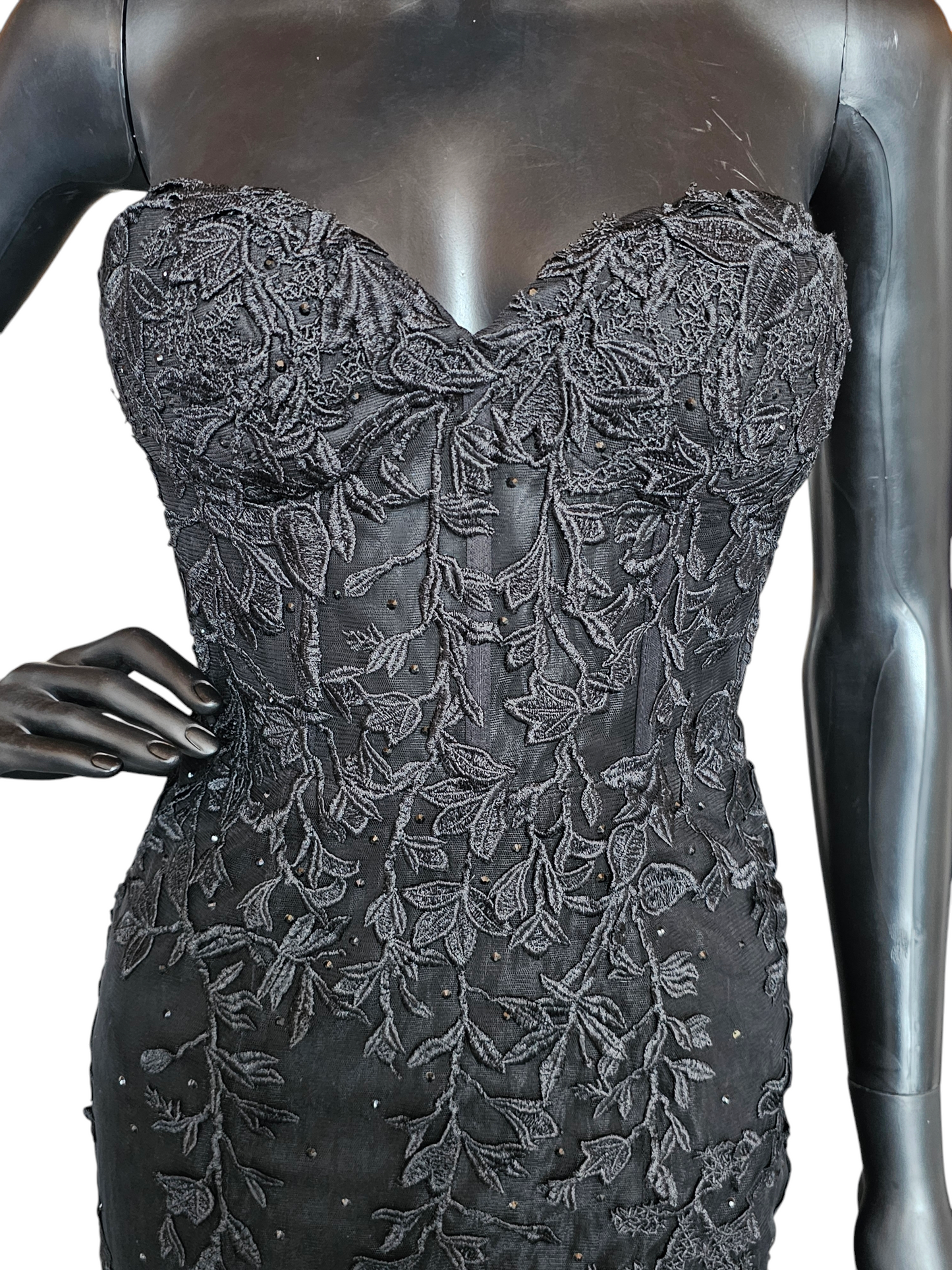 Black Lace Strapless Illusion Corset Open Back Formal Gown