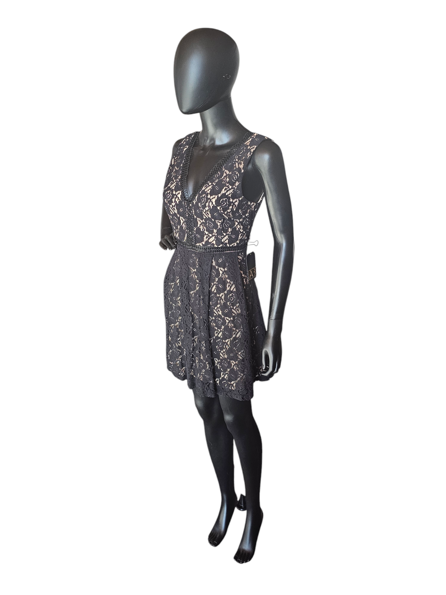 Black Lace Overlay Illusion Panel V-Neck Cocktail Dress