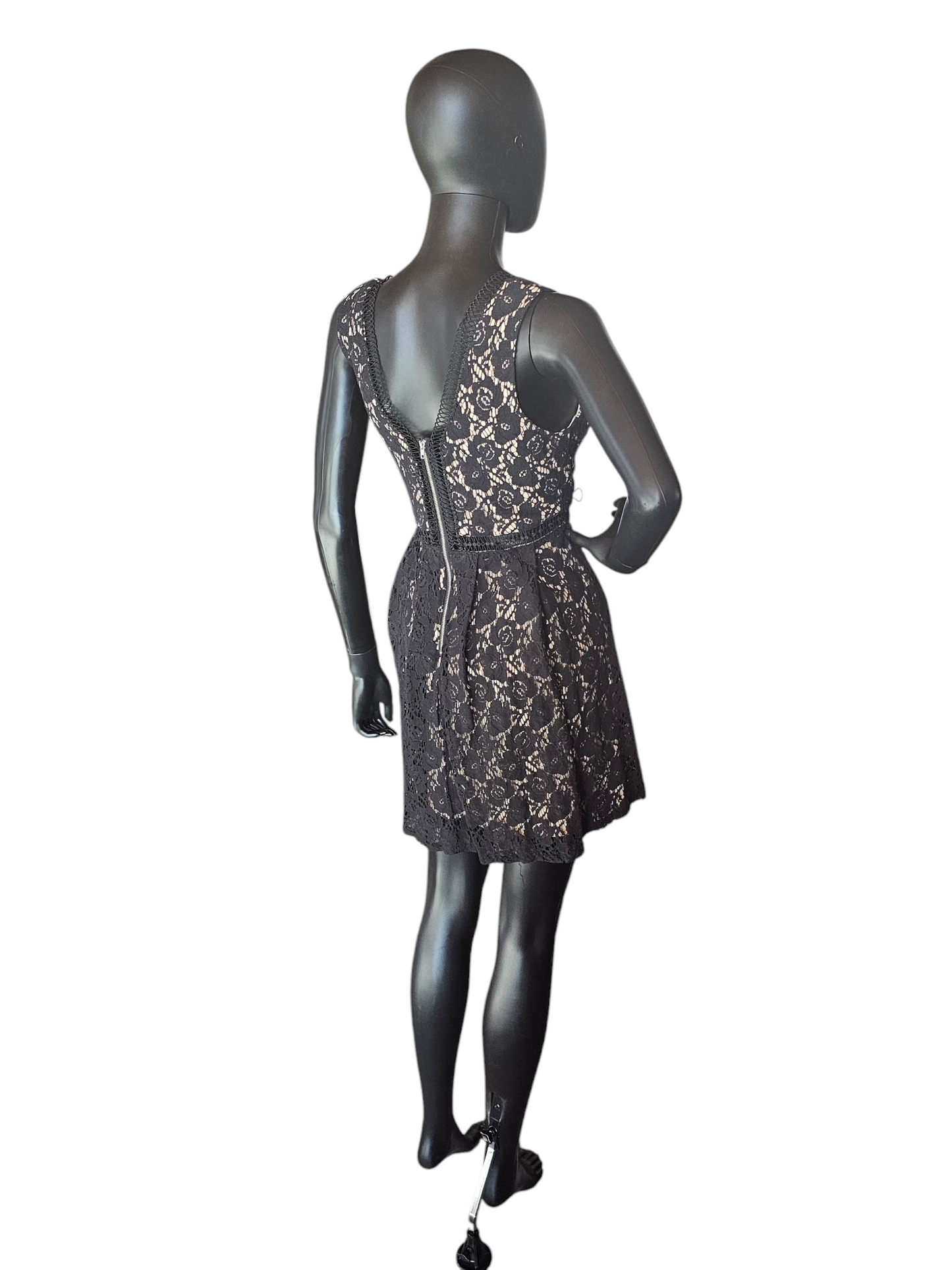 Black Lace Overlay Illusion Panel V-Neck Cocktail Dress