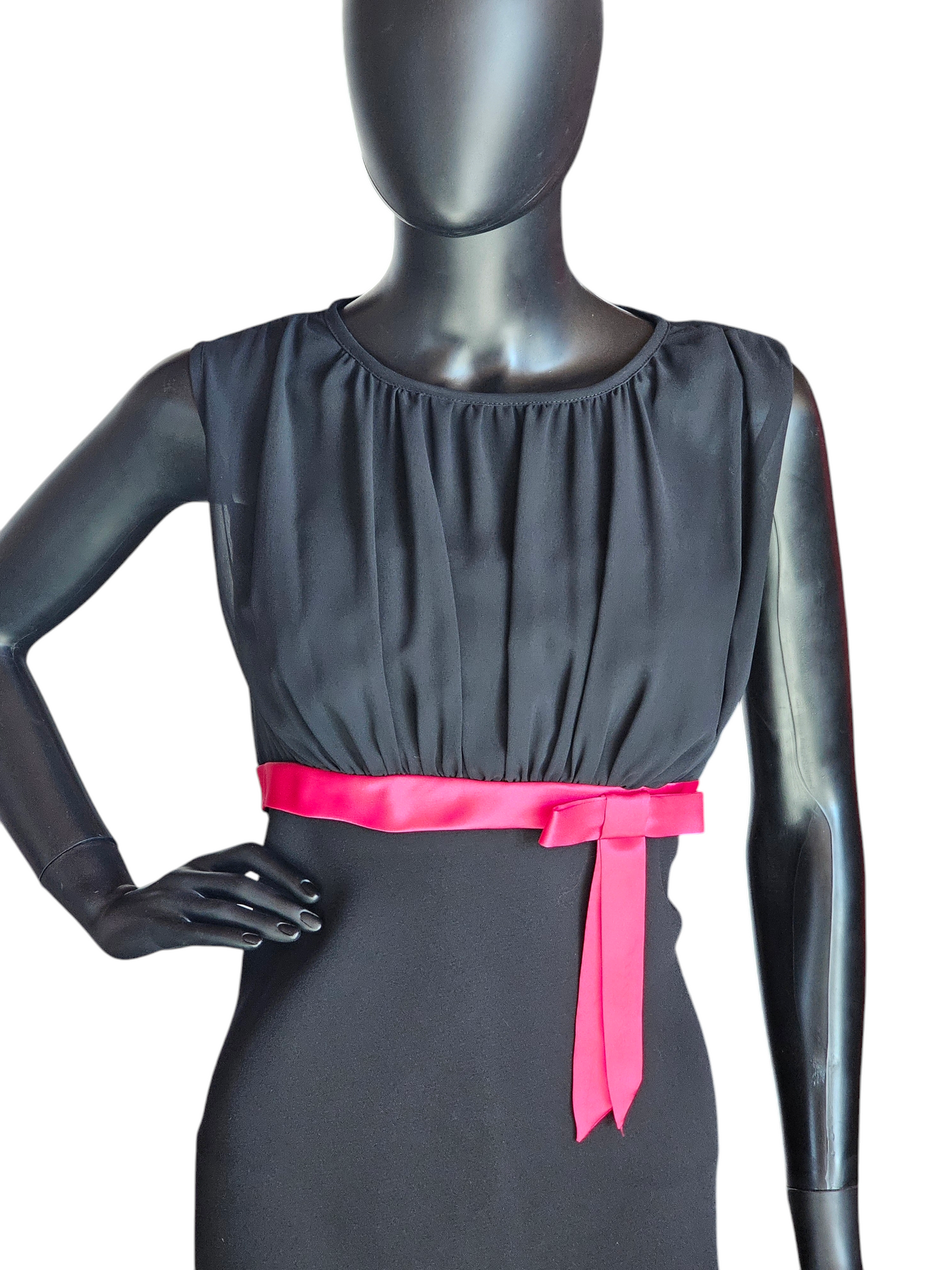 Black Crepe Illusion Neckline/Pink Bow Cocktail Dress - SL Fashions