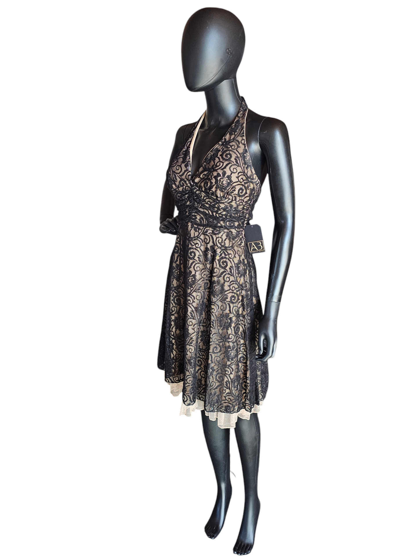 Black/Nude Lace Halter Mid Length Party Dress