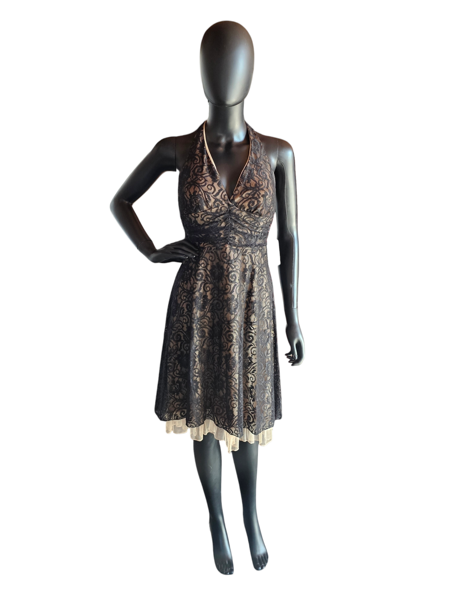 Black/Nude Lace Halter Mid Length Party Dress