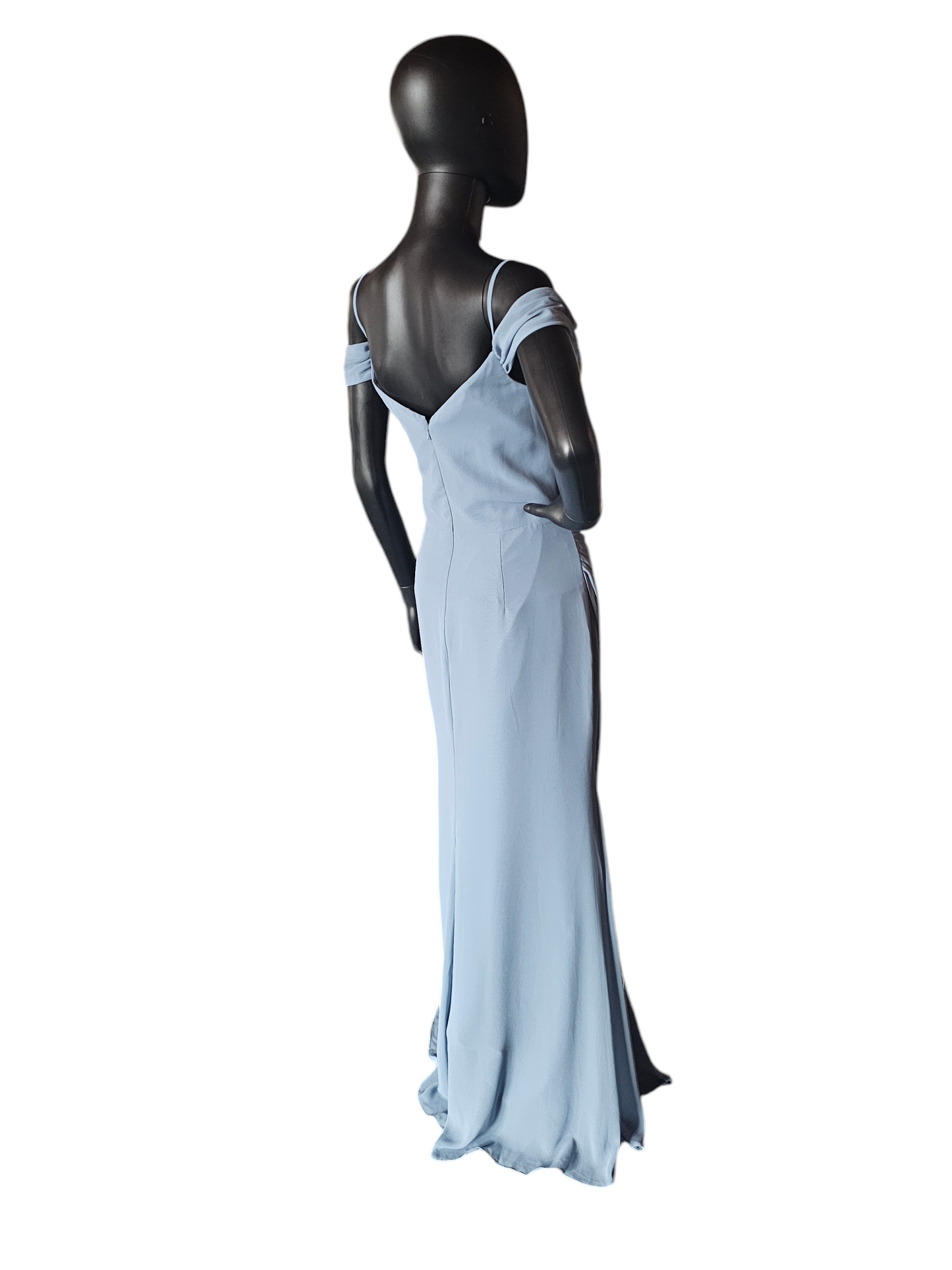 Hayley Paige Steel Blue Chiffon Drop Shoulder Formal Gown