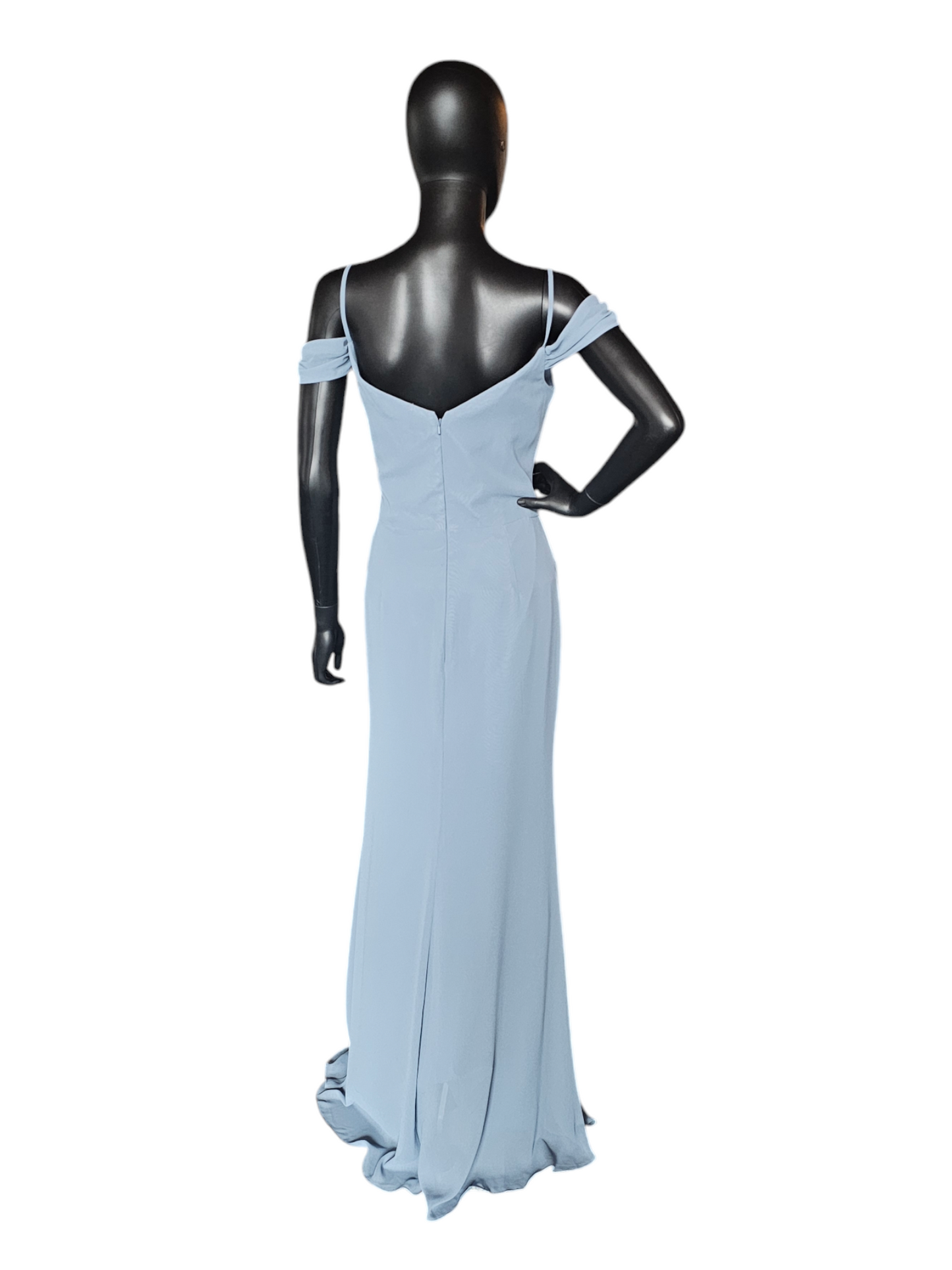 Hayley Paige Steel Blue Chiffon Drop Shoulder Formal Gown