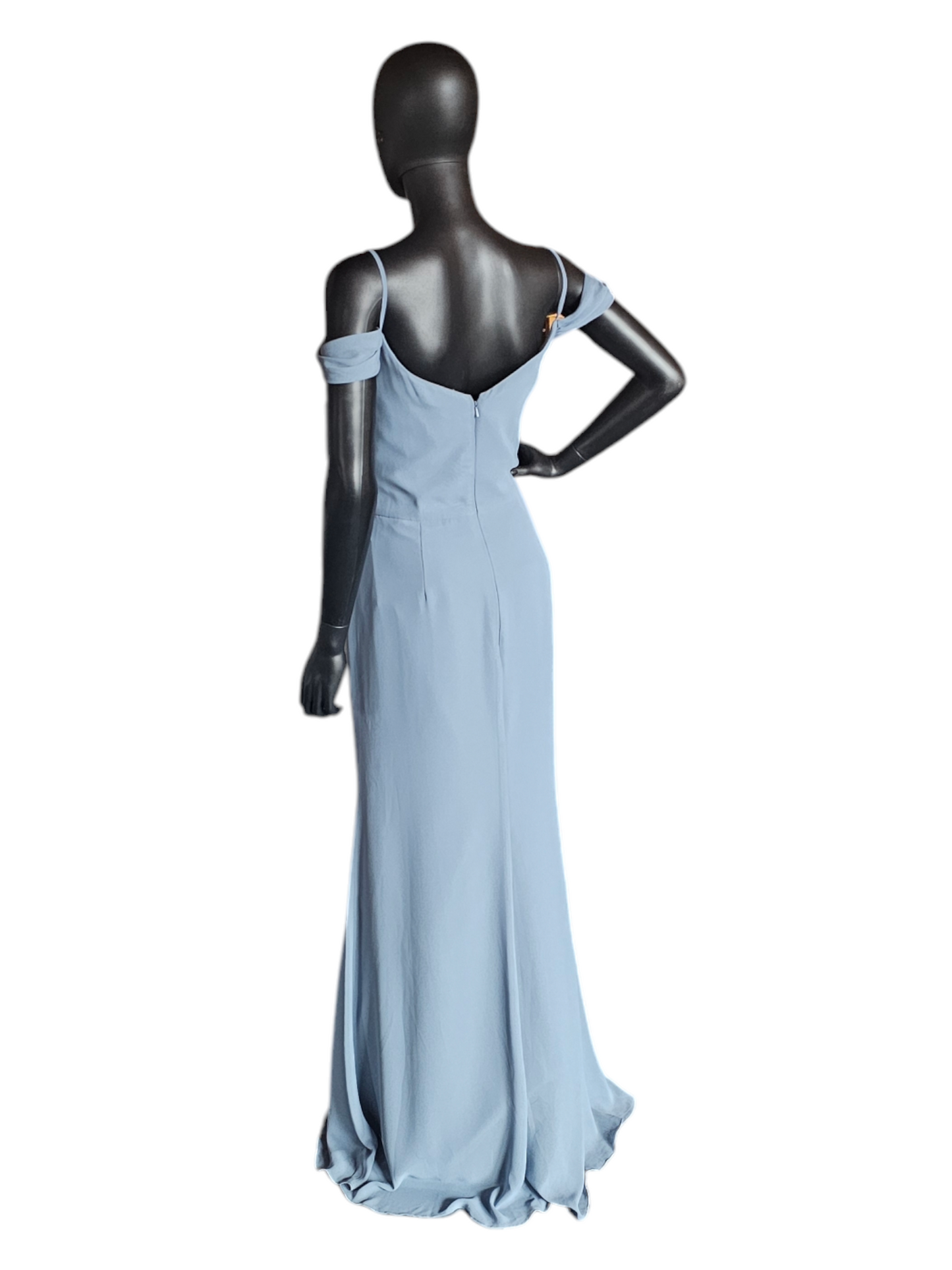 Hayley Paige Steel Blue Chiffon Drop Shoulder Formal Gown