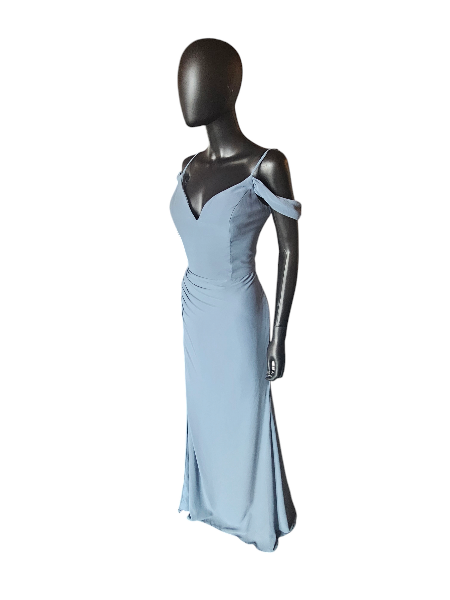 Hayley Paige Steel Blue Chiffon Drop Shoulder Formal Gown