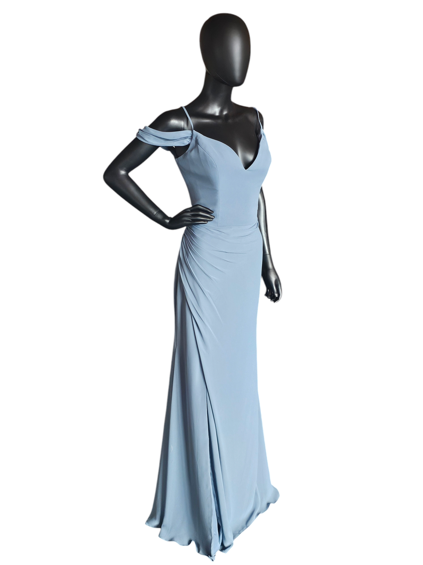 Hayley Paige Steel Blue Chiffon Drop Shoulder Formal Gown