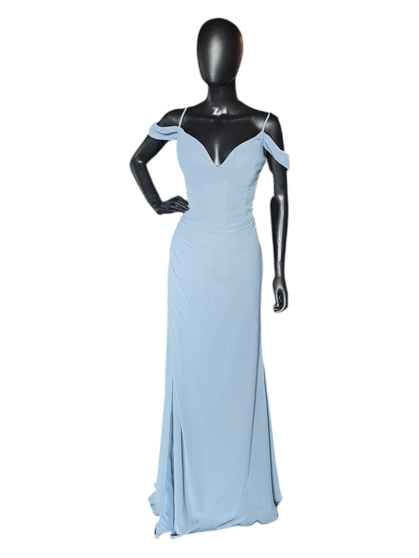 Hayley Paige Steel Blue Chiffon Drop Shoulder Formal Gown