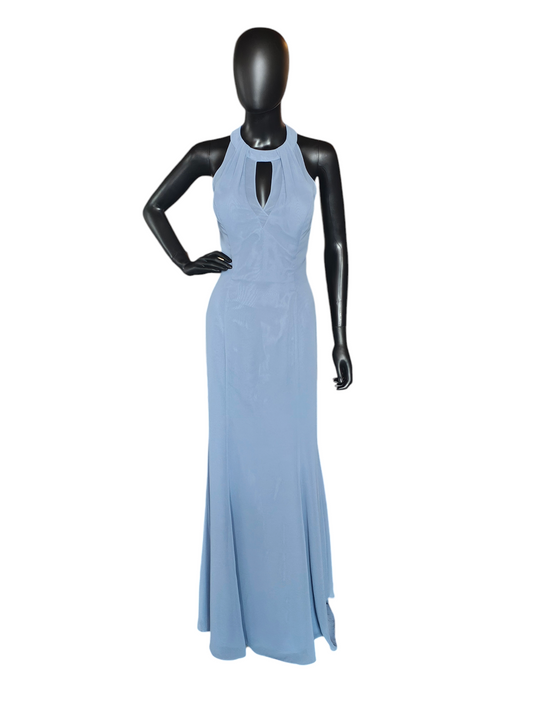 Bari Jay Steel Blue Chiffon Halter Maxi Formal Gown