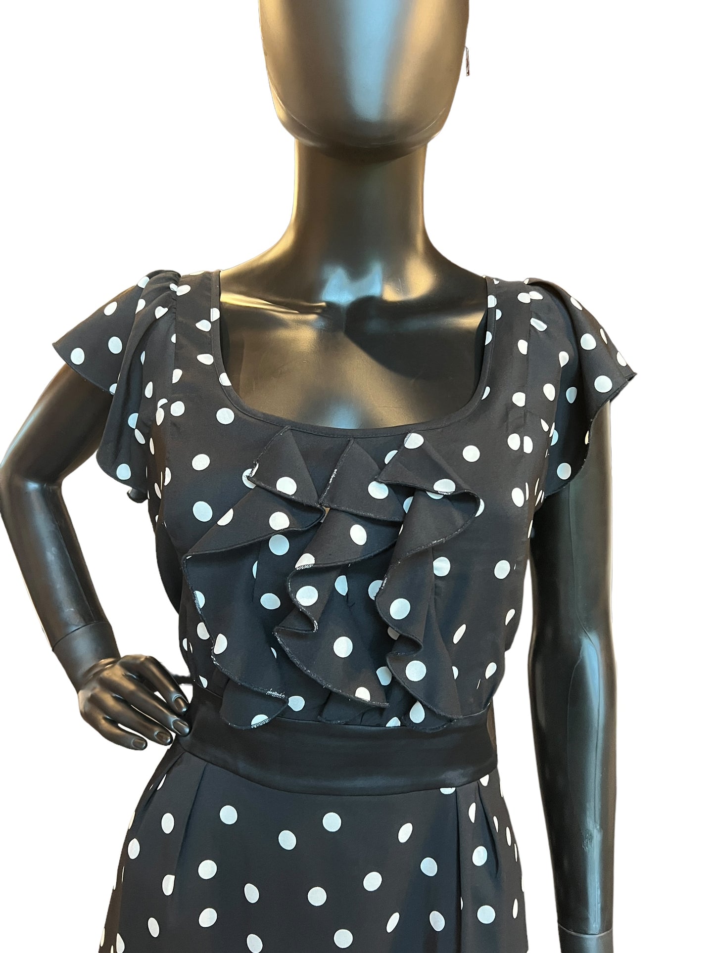 Ruffled Polka Dot Black Mid-Length Dress