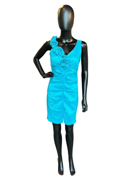 Turquoise Taffeta Floral Ruched Mid-Length Dress