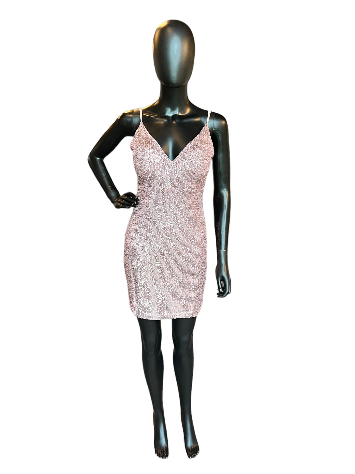 Peach Short Sequin V-Neck Mid-Length Dress