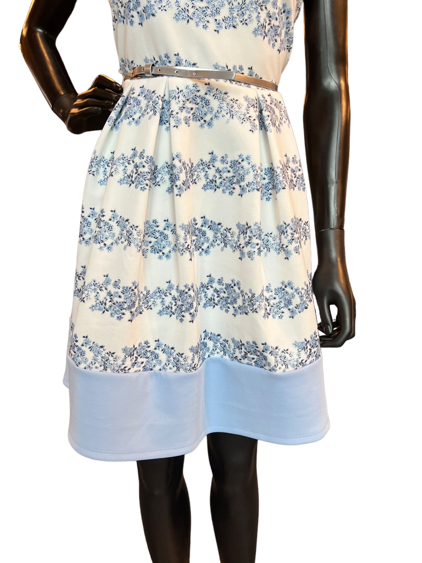 White/Blue Floral Full Skirt Mid-Length Dress