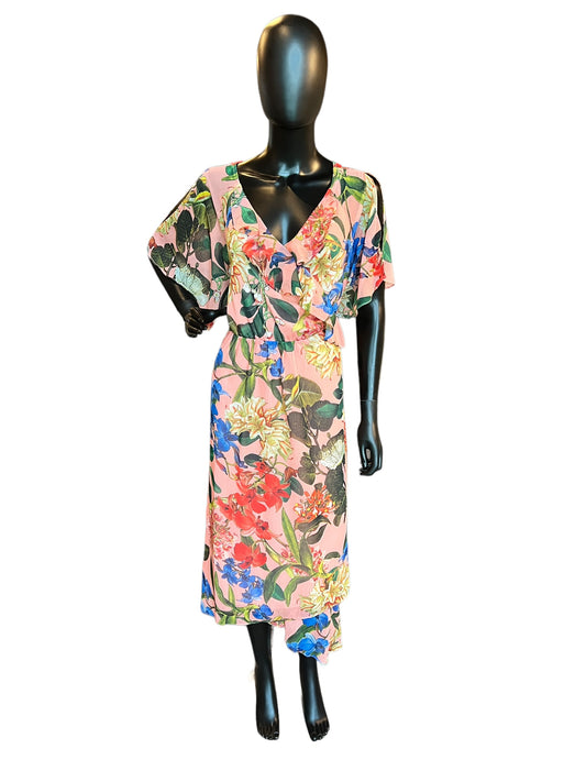 Coral & Floral Print Chiffon Flutter Mid-Length Dress