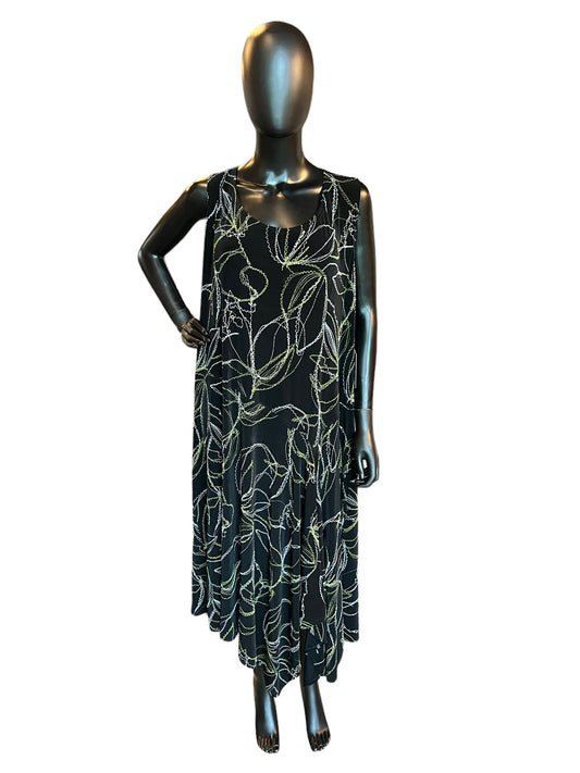 Black/Green/White Embroidered Jersey Mid-Length Dress