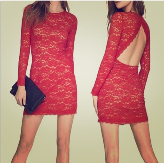 Red Lace Sheath Open Back Cocktail Dress - Express - NWT