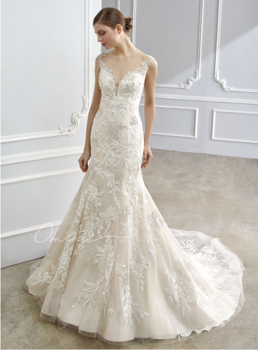 Illusion V-Neck Lace Flare - Omelie OM1794 Wedding Gown