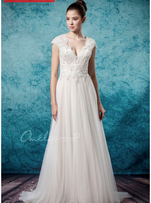 Queen Anne Lace Sleeve Plunge Neckline Wedding Gown - Omelie OM3228