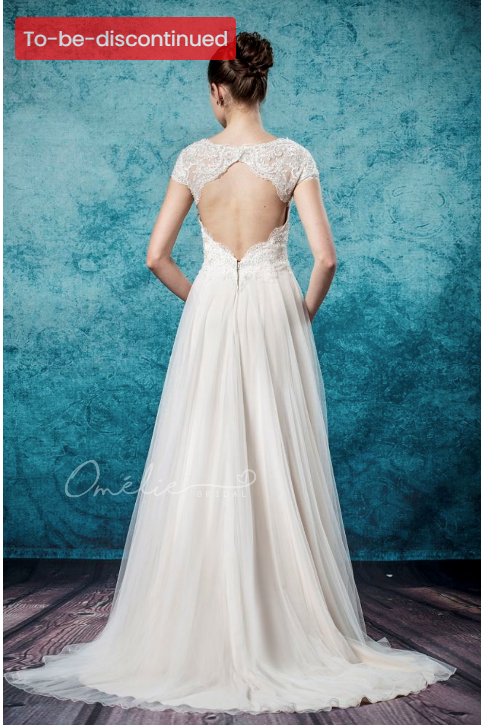 Queen Anne Lace Sleeve Plunge Neckline Wedding Gown - Omelie OM3228