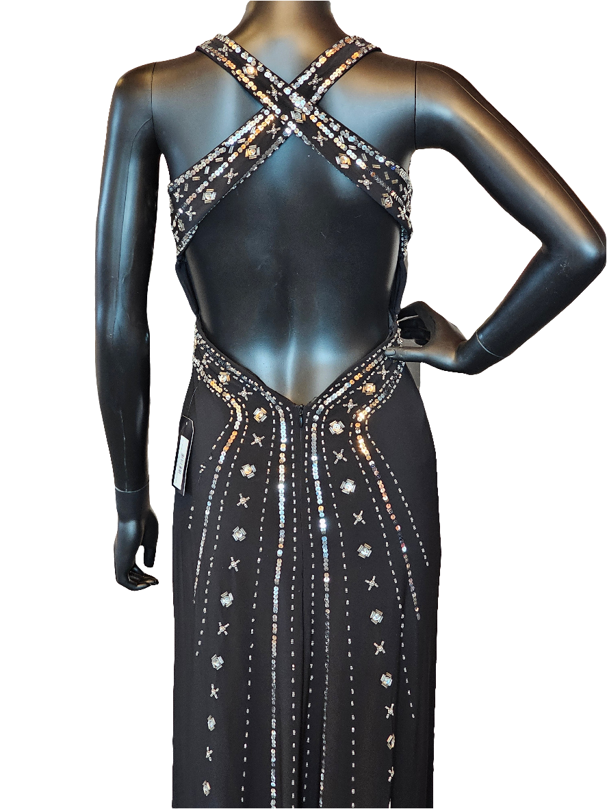 Black/Silver Sequin Cross Back Formal Full Length Dress