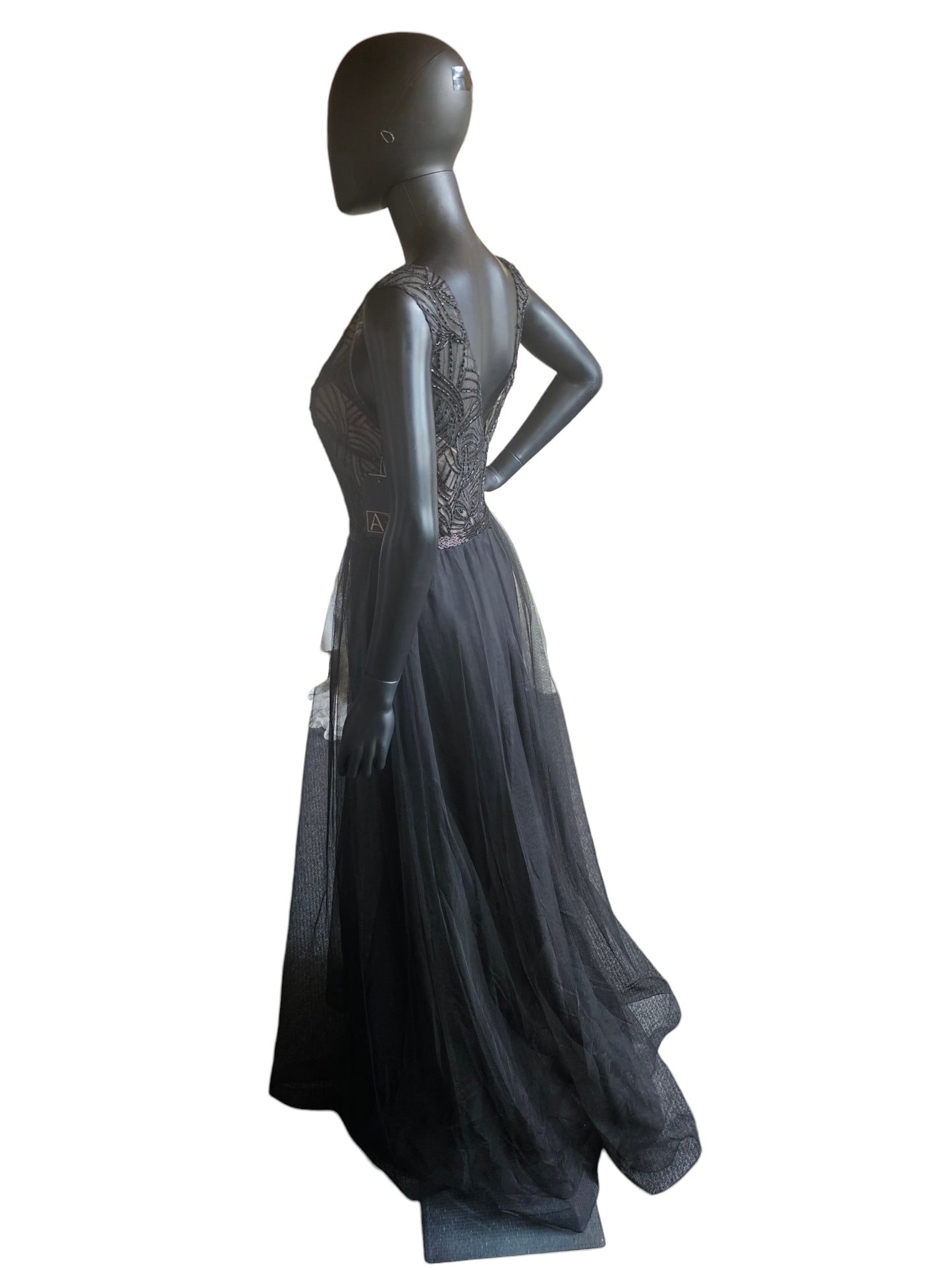 Black Embroidered A-Line Illusion Bodice Full Length Formal Dress - Mori Lee