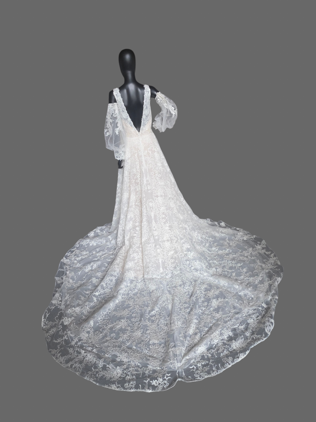 Ivory/Nude 3-Look Lace Plunge Sparkle A-Line Wedding Gown W/Detatch Sleeve - Martin Thornburg