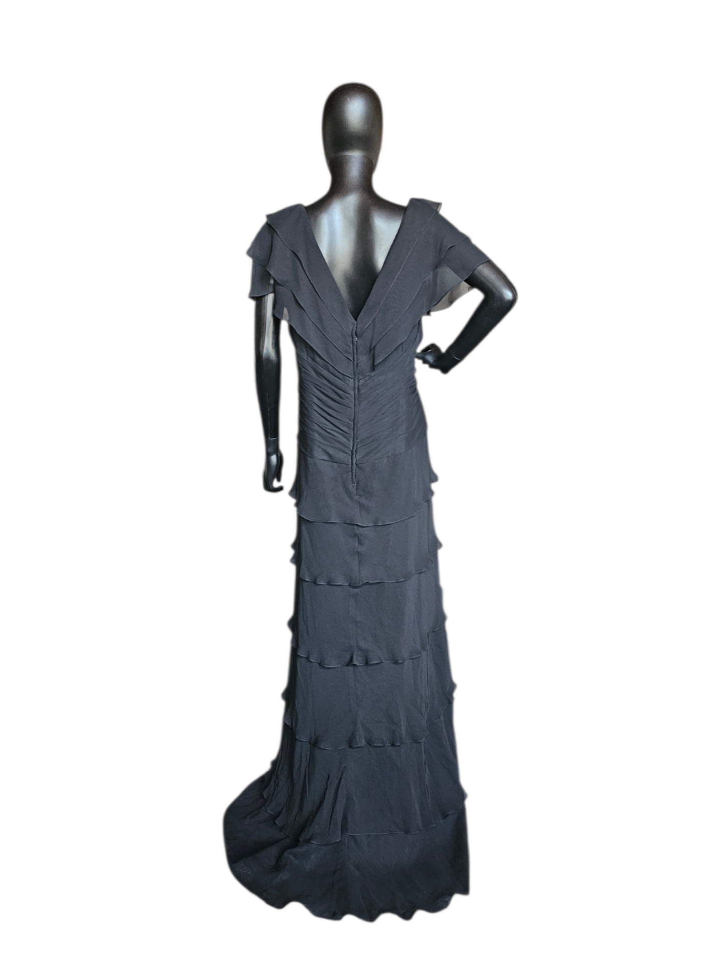 Black Chiffon Fit/Flared Tiered Cap Sleeve Applica Detail Formal/Moms Dress - Jovani