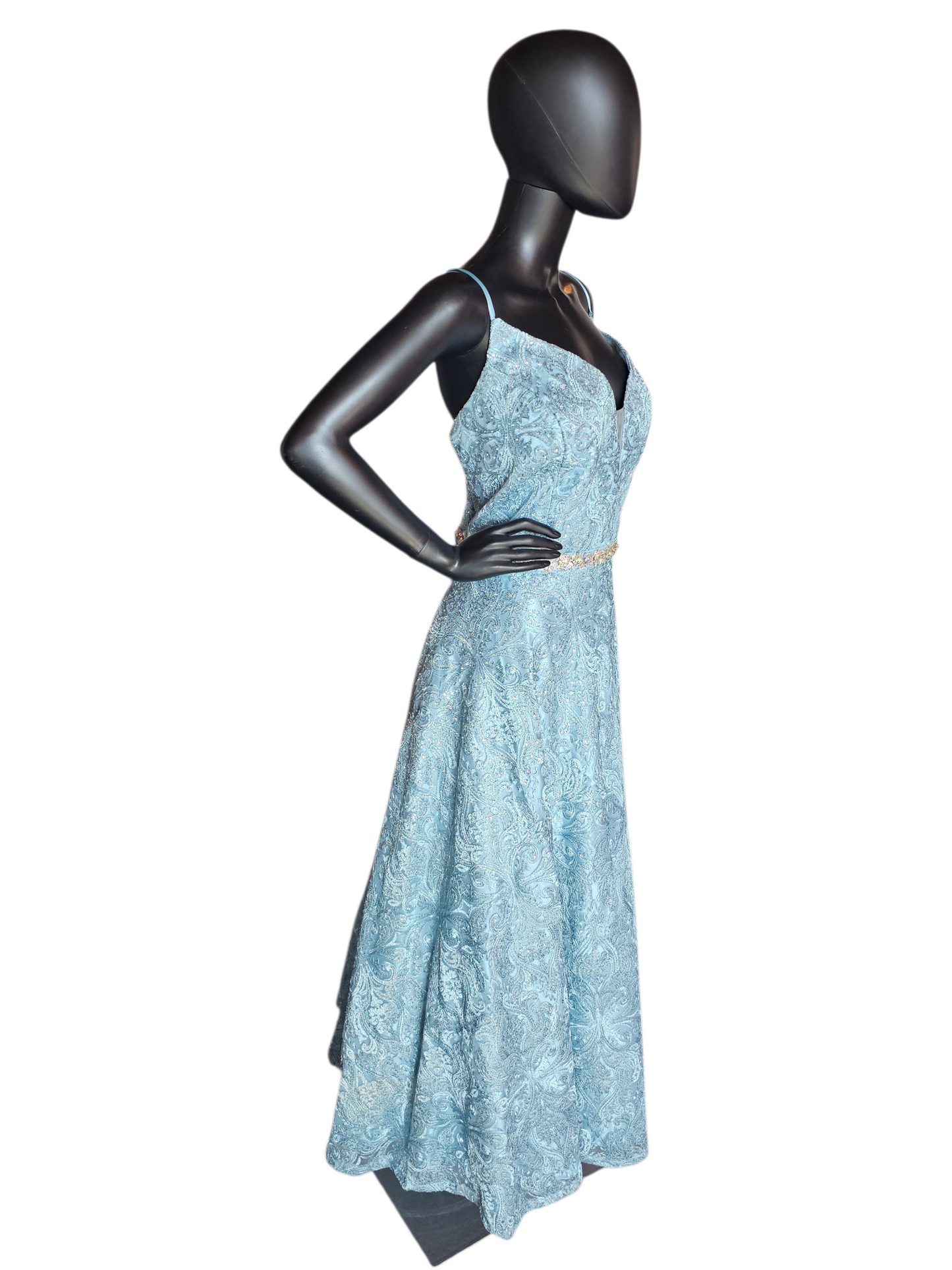 Steel Blue Lace Belted Plunge A-line Formal Dress - LA Merchandise