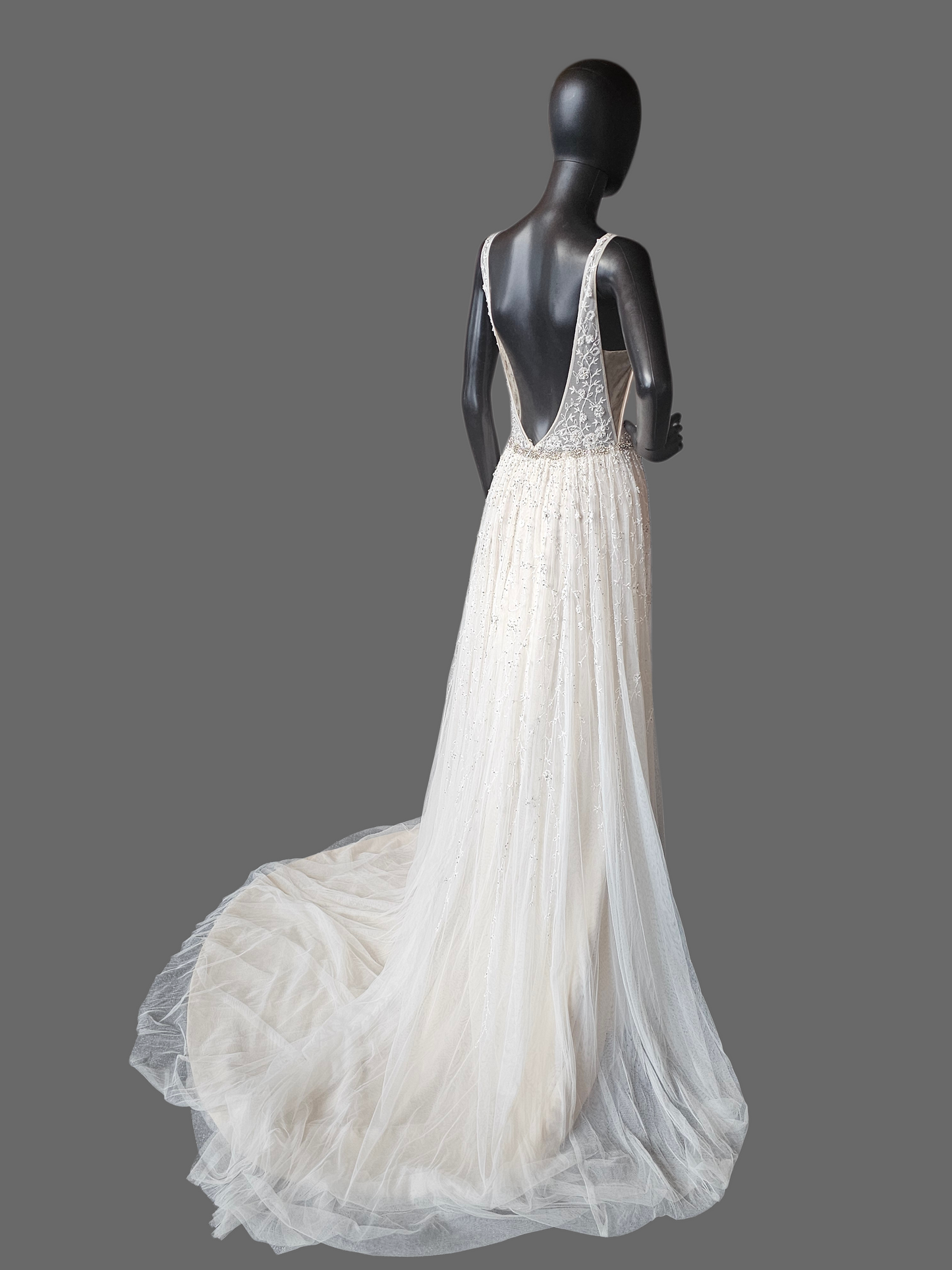 Ivory/Champagne Soft Netting Plunge V-Neck Open Back Wedding Gown - Martin Thornburg