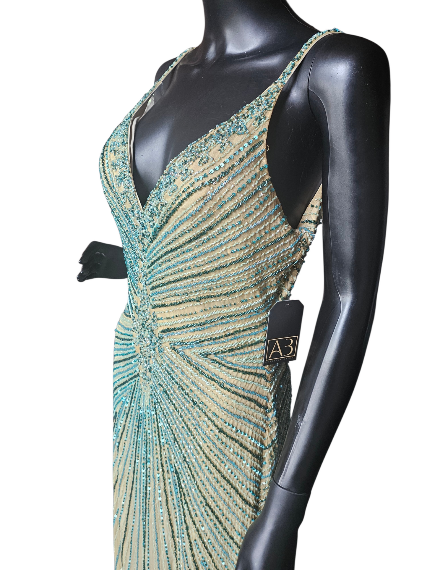 Nude/Green Large Scale Beaded Design V-Neck Fit/Flare Open Back Mom/ Formal/prom Dress - Primavera