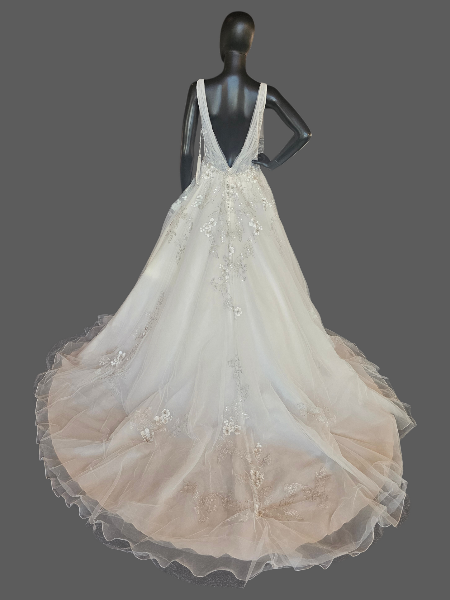 Ivory/Vanilla V-Neck Belted A-line Floral Embroidered Wedding Gown - Martin Thornburg