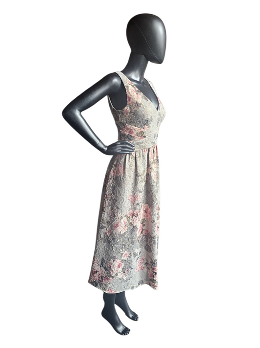 Sage Green Floral Matelasse V-Neck Party Knee Length Gold Accents Cross Belt Design- Adrianna Papell