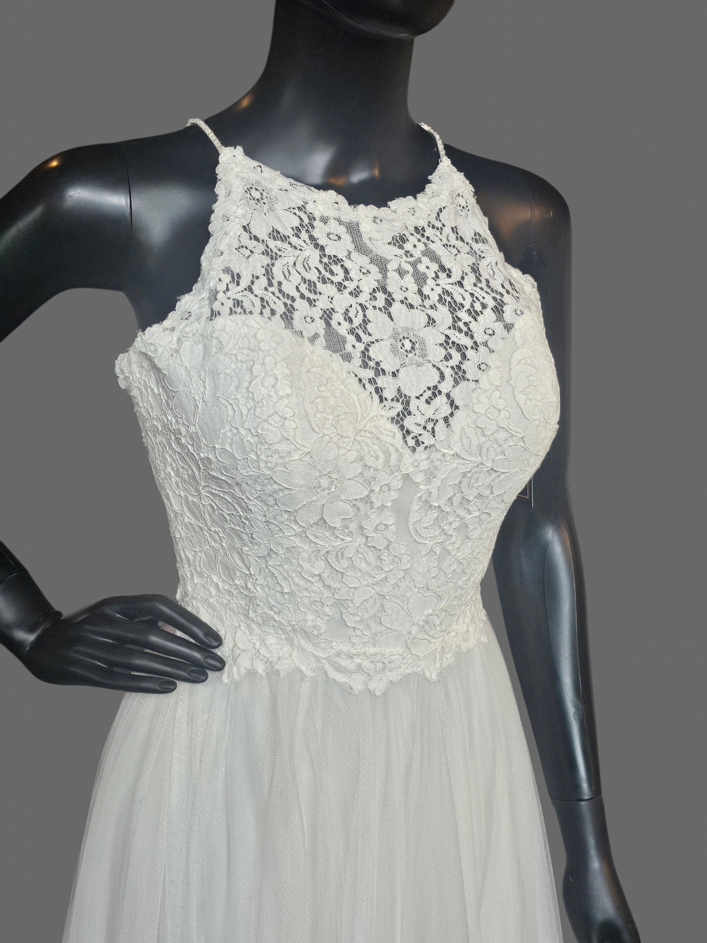 Ivory Illusion Lace Halter Gathered Net (Petite) Wedding Gown- Jasmine