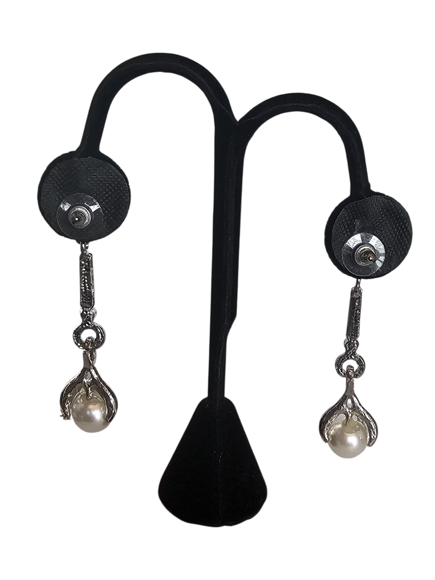 Long Silver/Rhinestone Pearl Drop Earring - Mariell